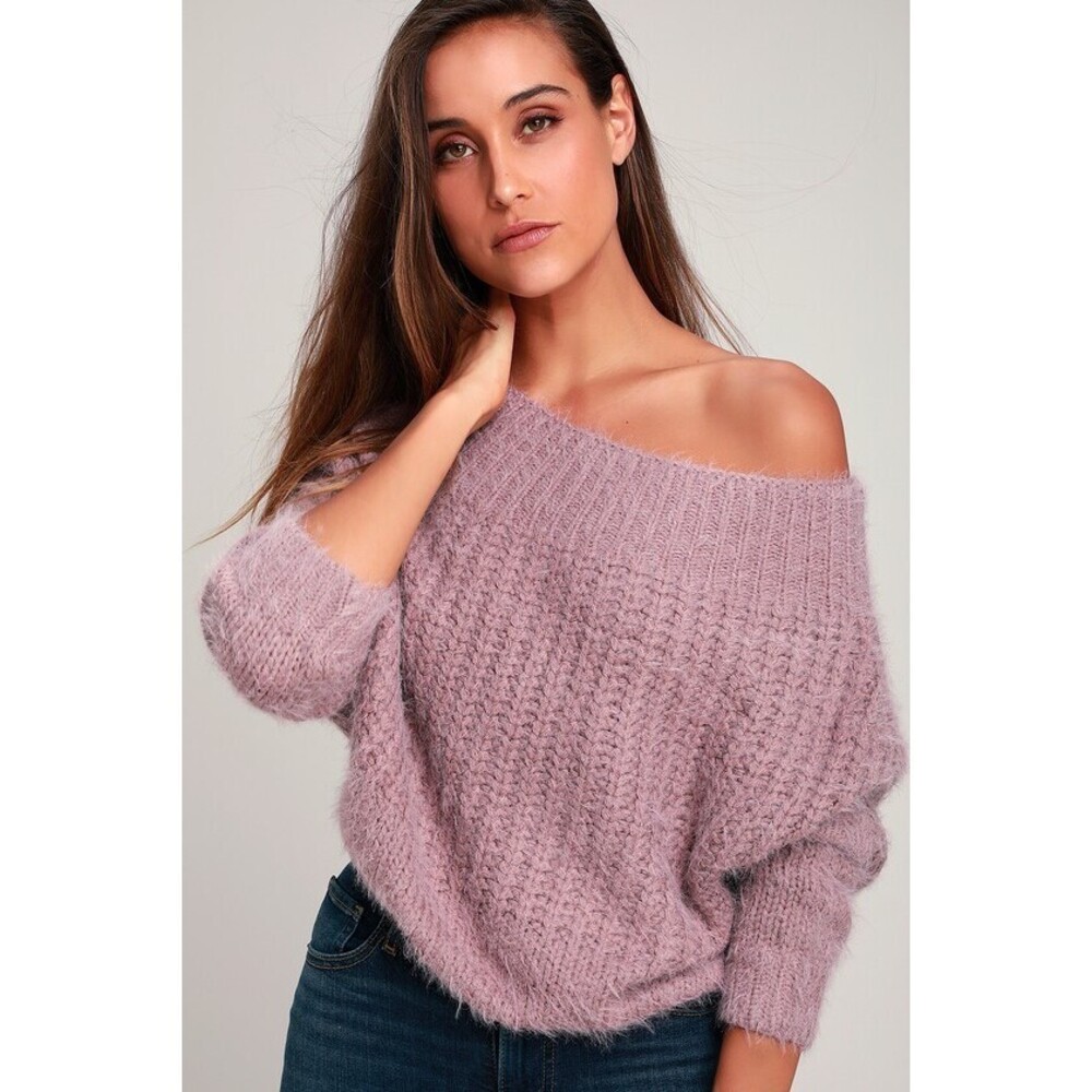 Carino Dusty Purple Off-the-Shoulder Fuzzy Cropped Sweater